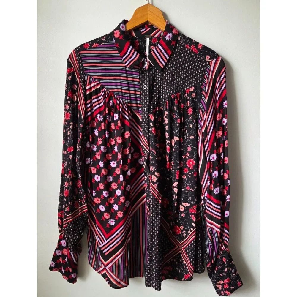 EUC FREE PEOPLE FLORAL PATCHWORK STYLE LONGSLEEVES TOP SIZE M